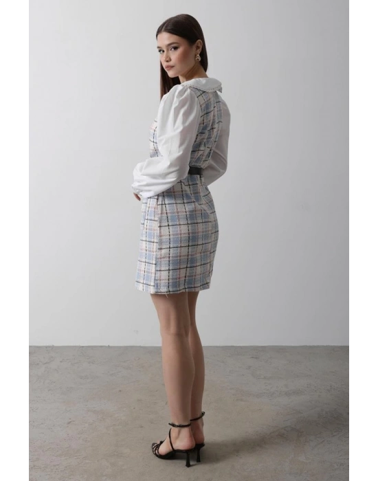 Ekoseli Gömlek Detaylı Elbise  Mavi