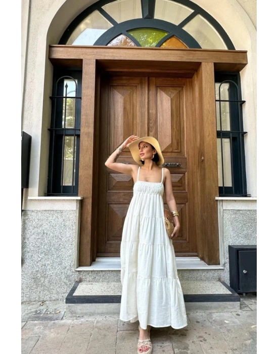 Ekru Askılı Parçalı Müslin Elbise