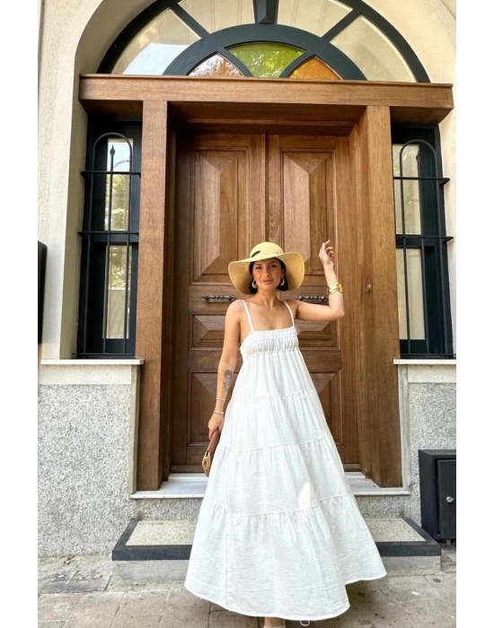 Ekru Askılı Parçalı Müslin Elbise