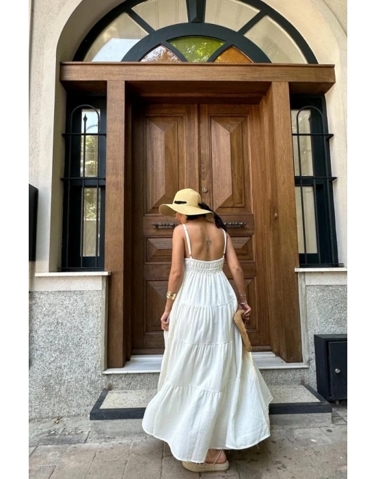 Ekru Askılı Parçalı Müslin Elbise