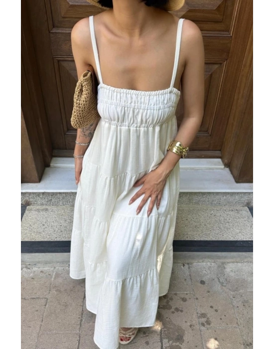 Ekru Askılı Parçalı Müslin Elbise