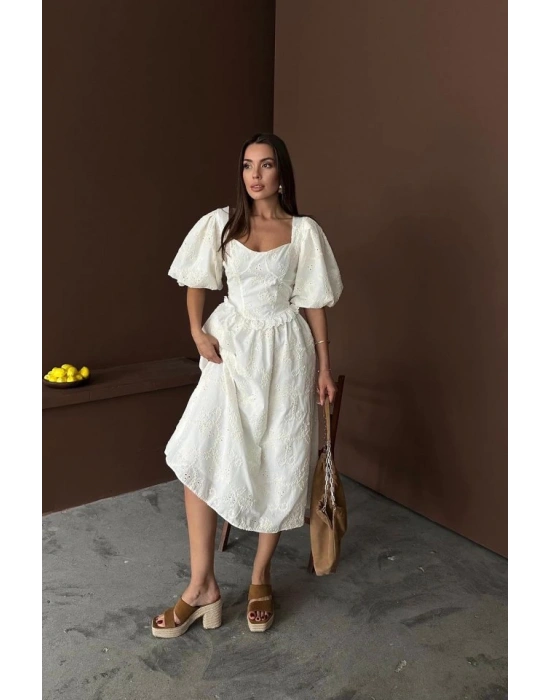 Ekru Balon Kollu Dantelli Brode Elbise