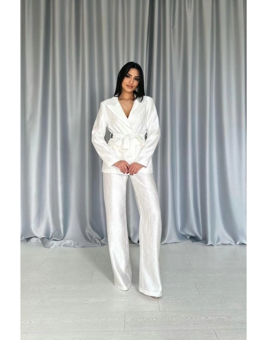 Ekru Beli Kuşaklı Ceket Ve Pantolon Parlak Takım