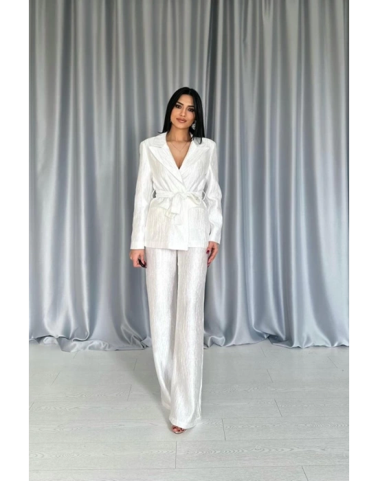 Ekru Beli Kuşaklı Ceket Ve Pantolon Parlak Takım