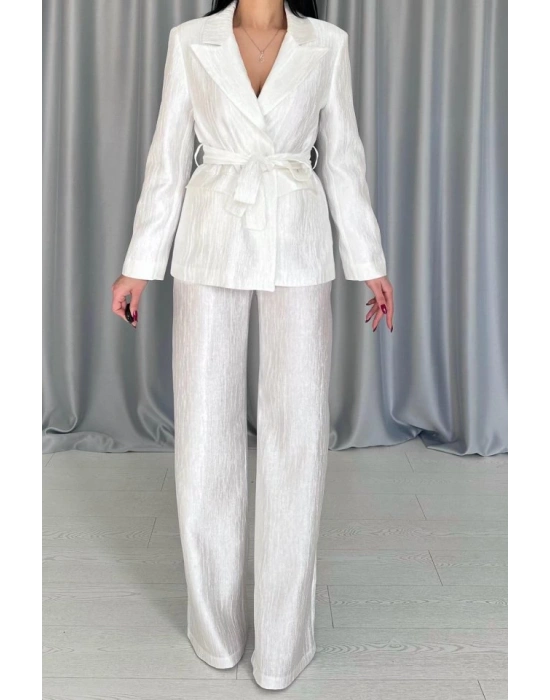 Ekru Beli Kuşaklı Ceket Ve Pantolon Parlak Takım