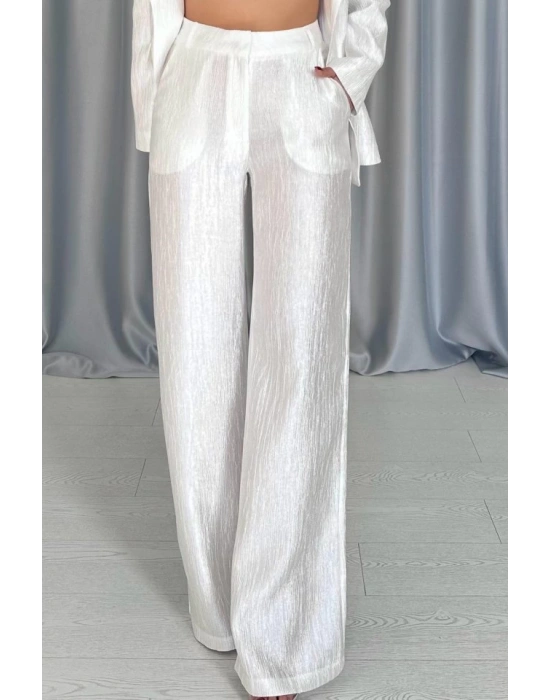 Ekru Beli Kuşaklı Ceket Ve Pantolon Parlak Takım