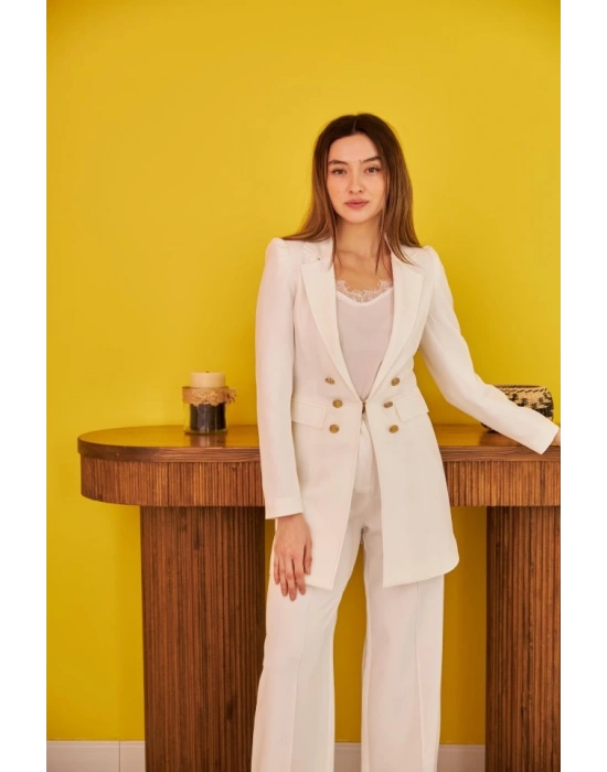 Ekru Blazer Düğmeli Ceket