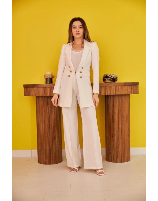 Ekru Blazer Düğmeli Ceket