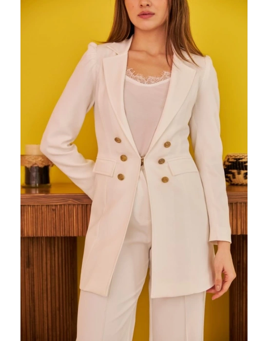 Ekru Blazer Düğmeli Ceket