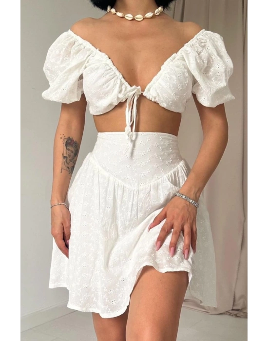 Ekru Brode Crop Ve ini Etek Takım