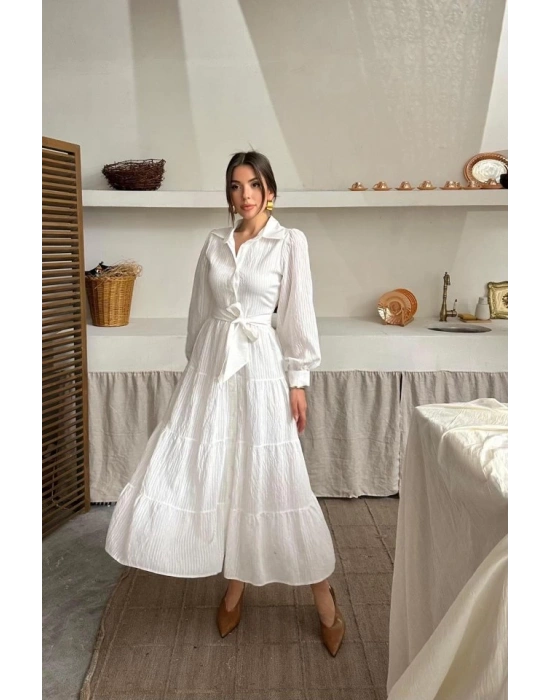 Ekru Çizgi Desenli Uzun Elbise