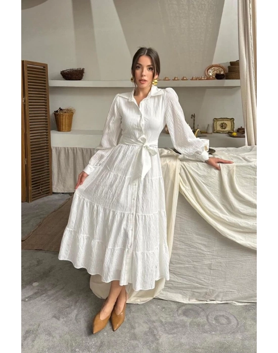 Ekru Çizgi Desenli Uzun Elbise