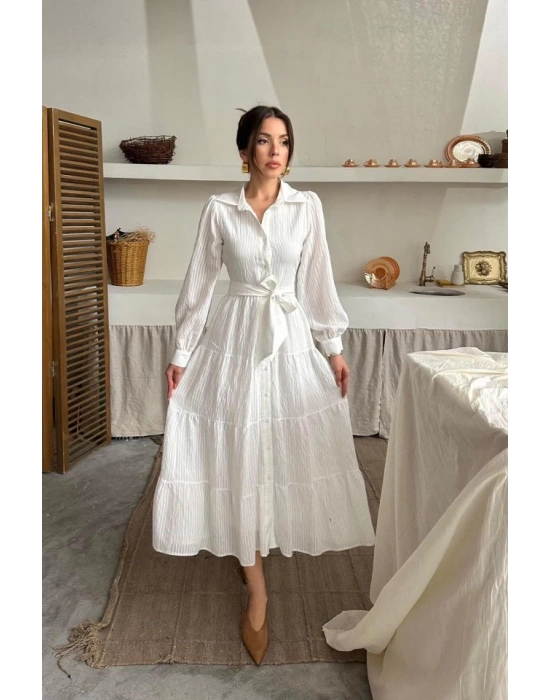 Ekru Çizgi Desenli Uzun Elbise