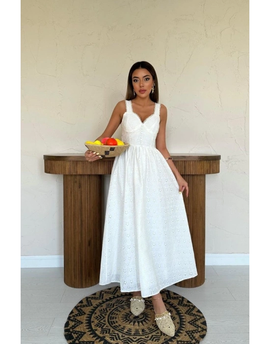 Ekru Dantel Detaylı Askılı Elbise