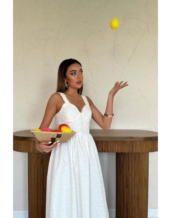 Ekru Dantel Detaylı Askılı Elbise