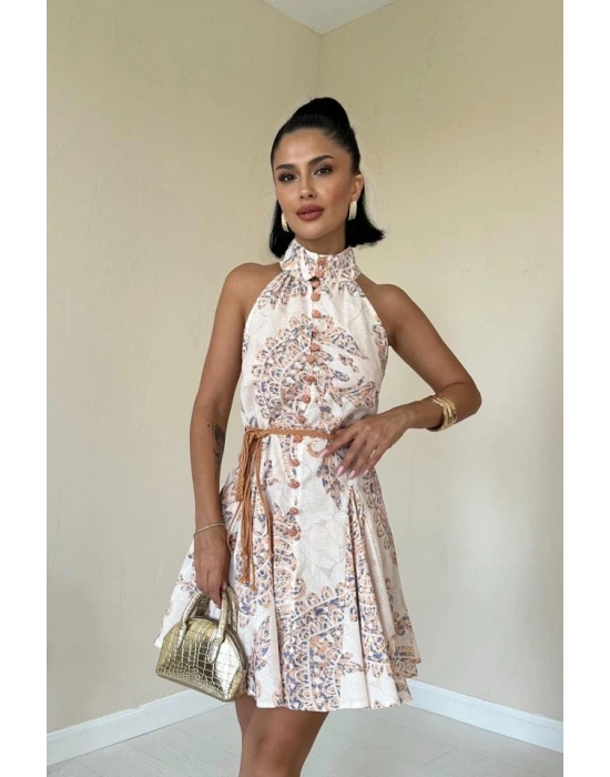 Ekru Halter Yaka Elbise