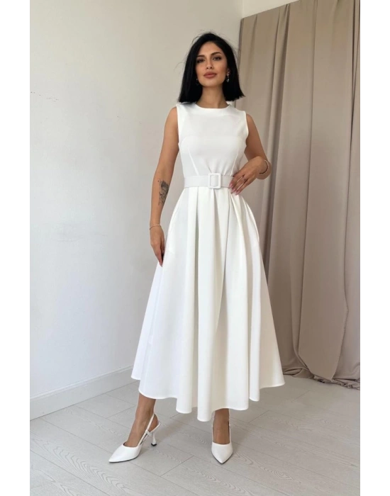 Ekru Halter Yaka Kloş Elbise