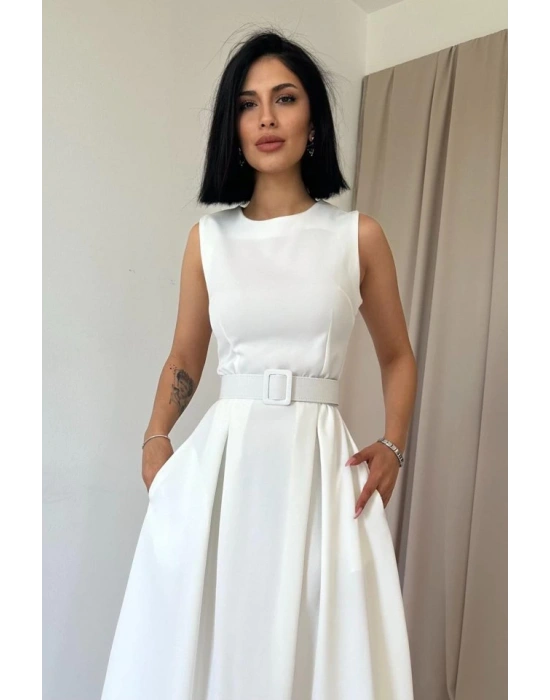 Ekru Halter Yaka Kloş Elbise