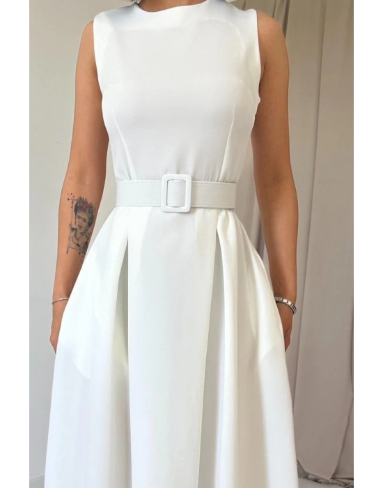 Ekru Halter Yaka Kloş Elbise