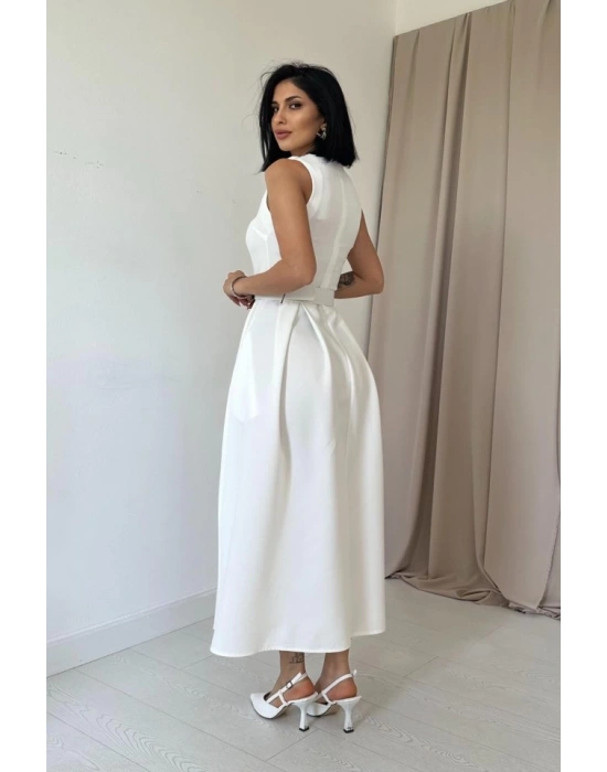 Ekru Halter Yaka Kloş Elbise