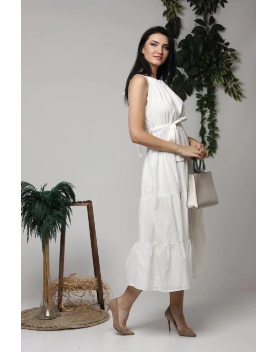 Ekru Halter Yakalı Kuşaklı Elbise