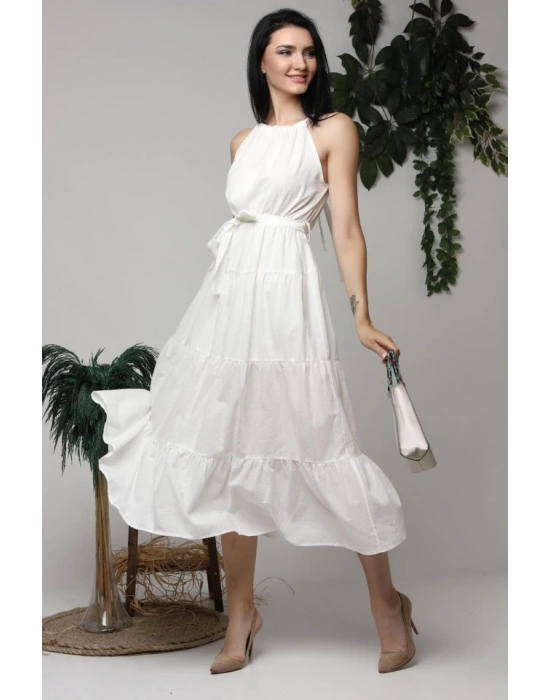 Ekru Halter Yakalı Kuşaklı Elbise