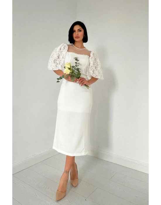 Ekru İncili Tül Detay Elbise