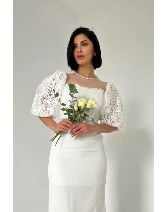 Ekru İncili Tül Detay Elbise