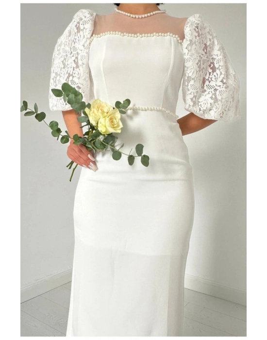 Ekru İncili Tül Detay Elbise