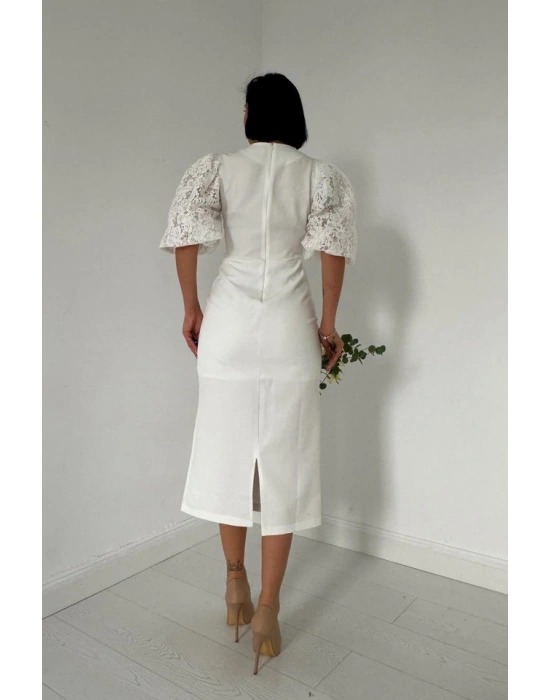 Ekru İncili Tül Detay Elbise