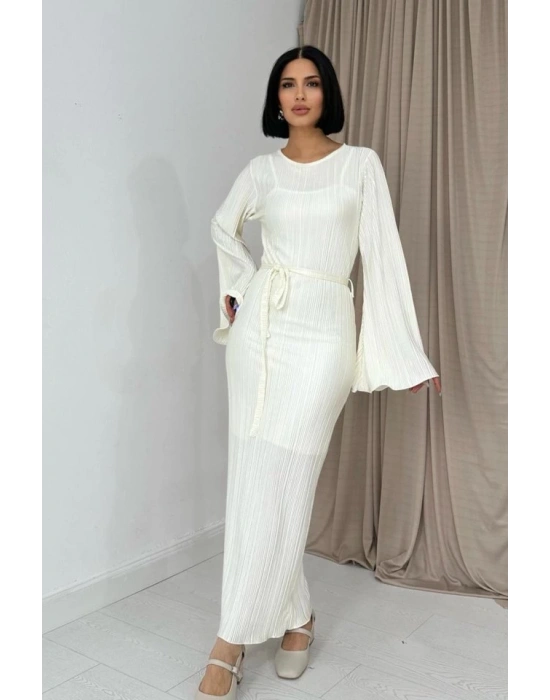 Ekru İspanyol Kol Piliseli Elbise