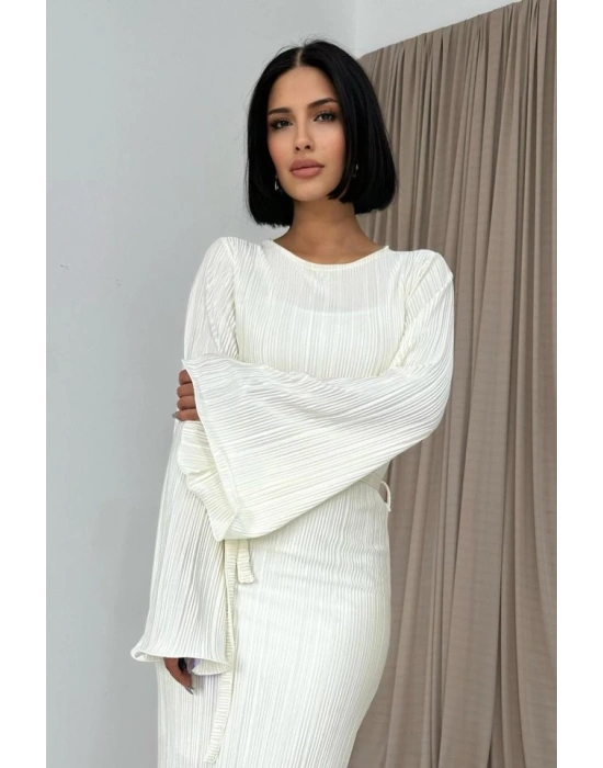 Ekru İspanyol Kol Piliseli Elbise