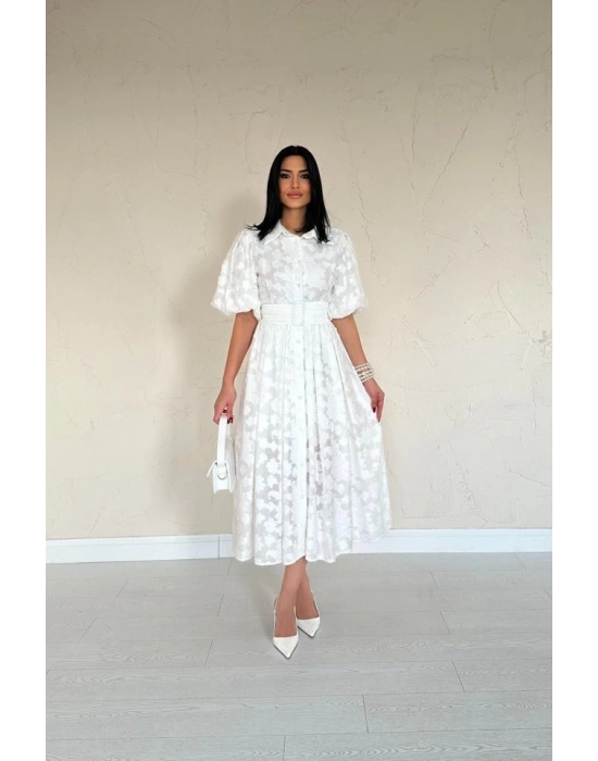 Ekru Kemerli Balon Kollu Elbise