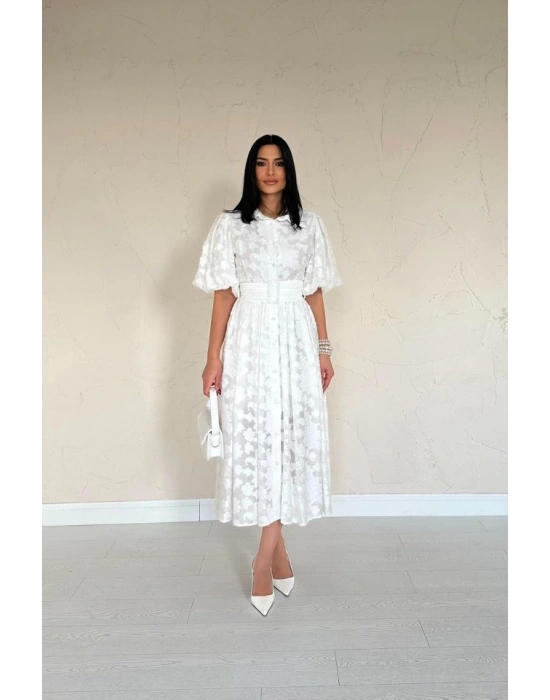 Ekru Kemerli Balon Kollu Elbise