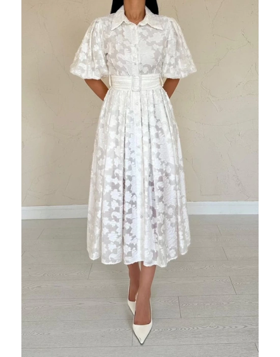 Ekru Kemerli Balon Kollu Elbise