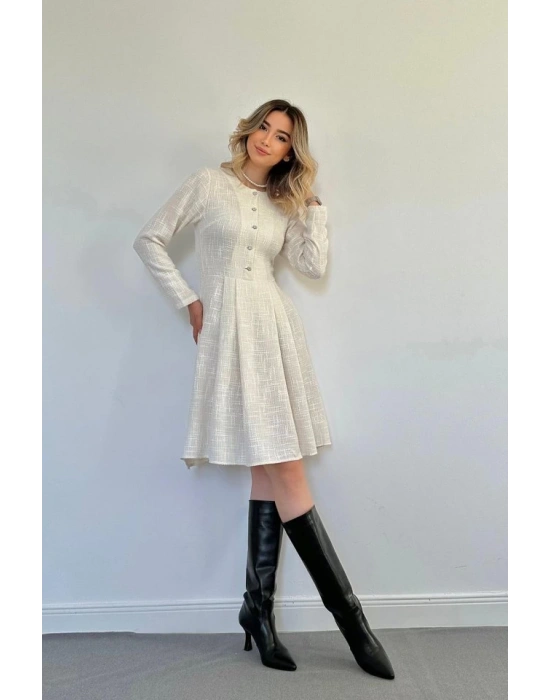 Ekru Kısa Klasik Elbise