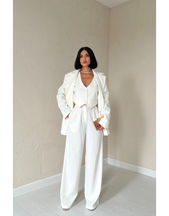 Ekru Klas Ceket Ve Yelek Ve Pantolon Takım