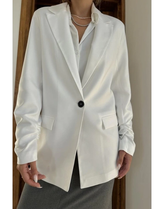 Ekru Kol Ucu Büzgülü Atlas Ceket