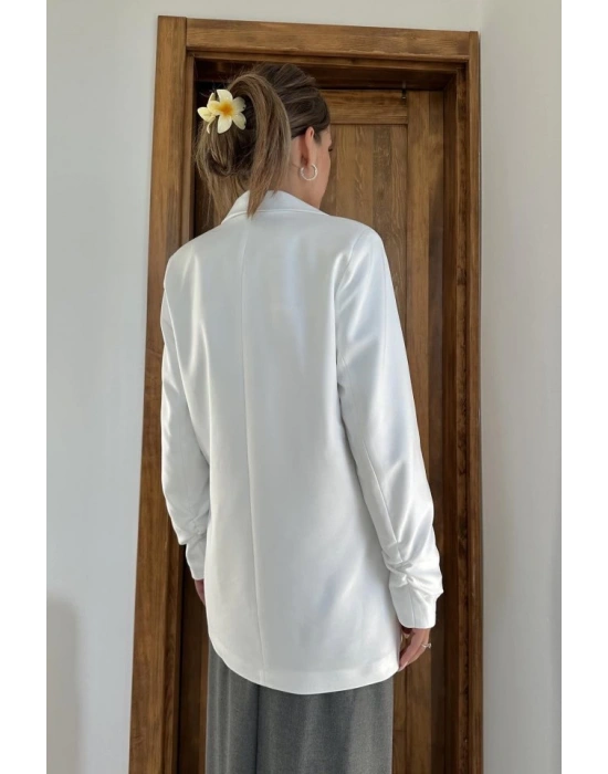 Ekru Kol Ucu Büzgülü Atlas Ceket