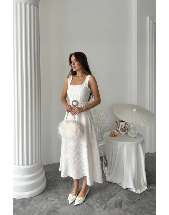 Ekru Kuplu Uzun Elbise