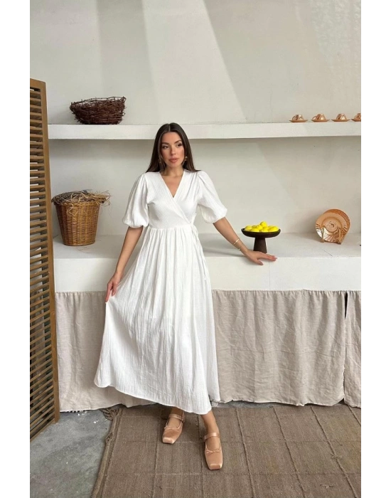 Ekru Müslin Uzun Elbise