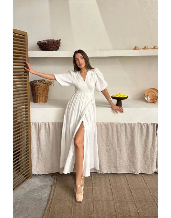 Ekru Müslin Uzun Elbise