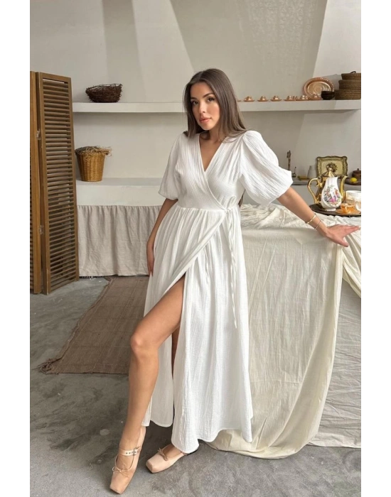 Ekru Müslin Uzun Elbise