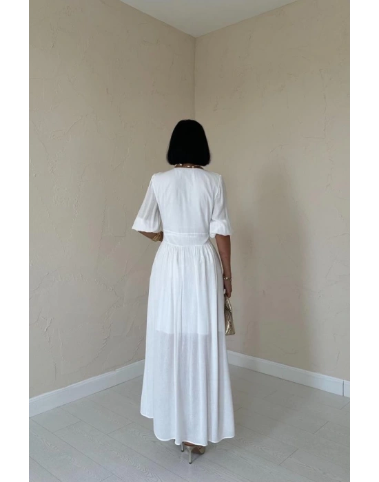 Ekru Önü Düğmeli Elbise
