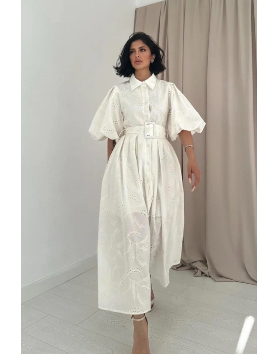 Ekru Pileli Balkon Elbise