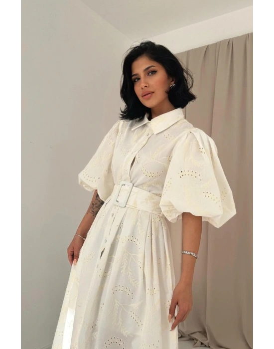 Ekru Pileli Balkon Elbise