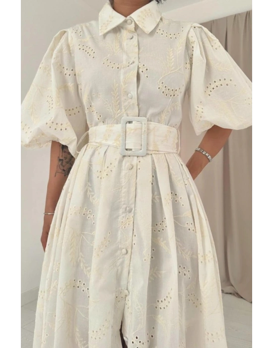 Ekru Pileli Balkon Elbise