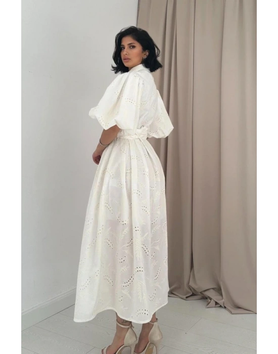 Ekru Pileli Balkon Elbise