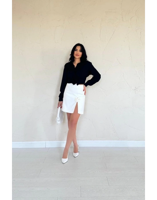 Ekru Yırtmaçlı Gül Detaylı ini Etek