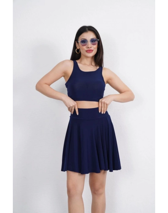 endy Kumaş Bisiklet Yaka Crop Şortlu Etek Ikili Takım  acivert